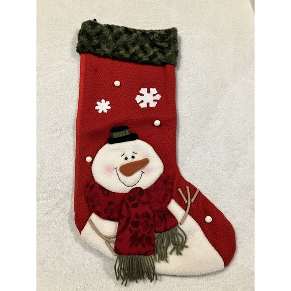 Vintage Snowman Christmas Stocking  - Velvet Cuff Xmas Red And Green - Picture 1 of 3